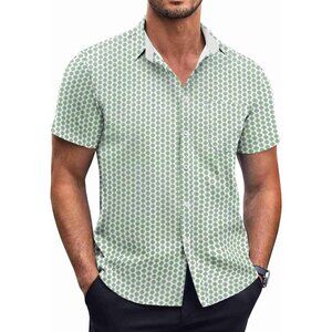Green Men Short Sleeve Button Down Wrinkle Free Polka Dot Print Shirt